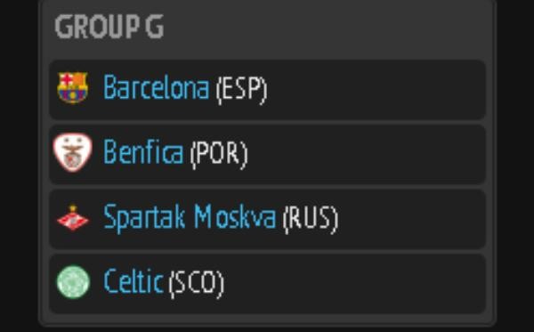 Bảng G: Barcelona (Tây Ban Nha) – Benfica (Bồ Đào Nha) – Spartak Moscow (Nga) – Celtic (Scotland)